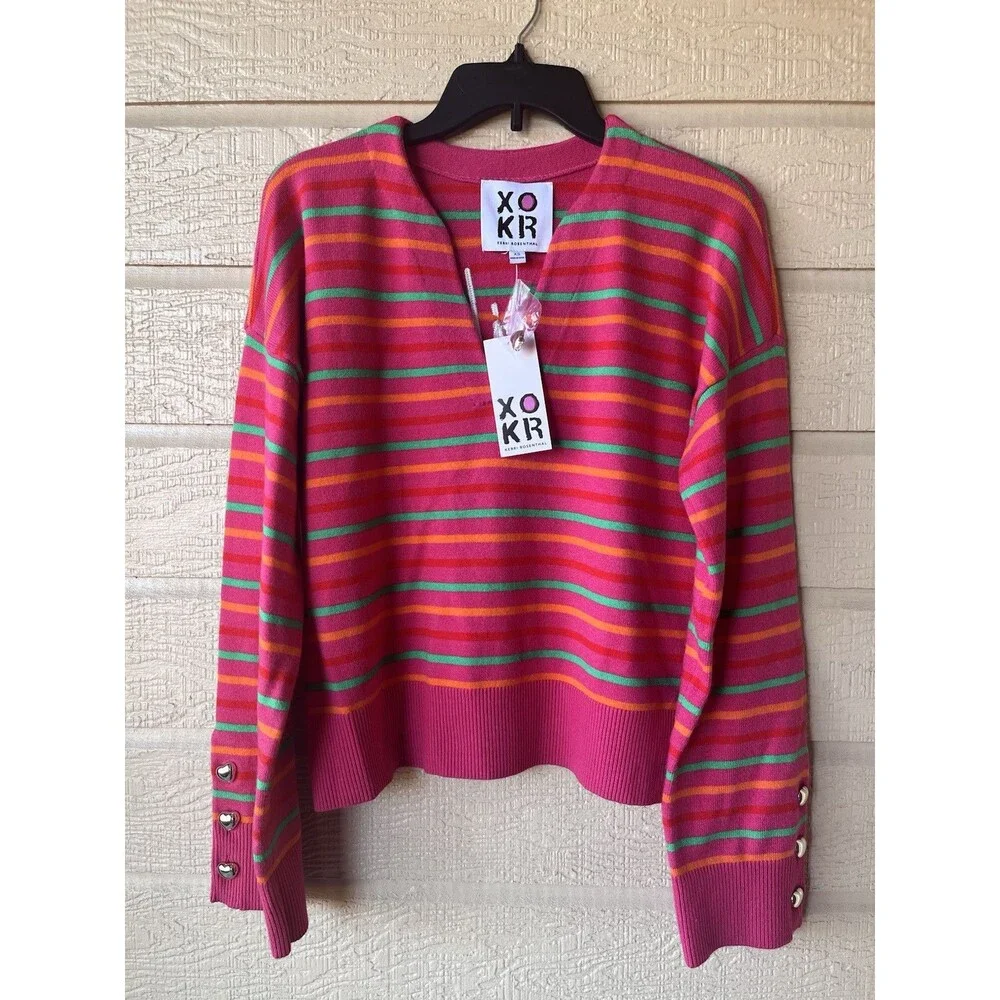 Kerri Rosenthal womens Pink Stripe NEXT SMILE'S ON YOU Pullover Sweater sz Large